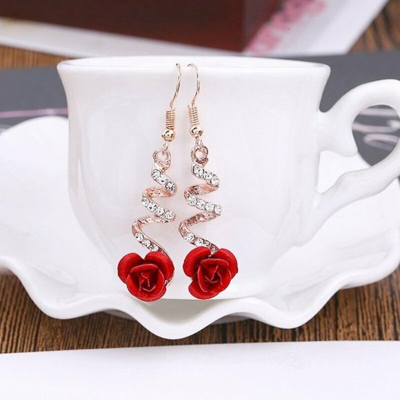 NEW GORGEOUS Red Rose Drop Dangle Sparkling Spiral Earrings SPECIAL EVENT - Picture 5 of 6
